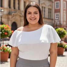 Kit 2 Plus Size Women's Blouses, Elegant, Ribbed, Ruffled, Boat Neck, New Year's Eve Party - Đen và trắng - Xem 6