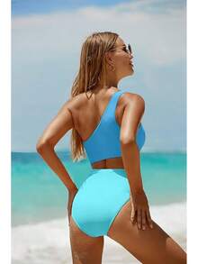 Women's Swimsuit - One Shoulder Cutout Tummy Control Bathing Suit - Màu xanh lam - Xem 3