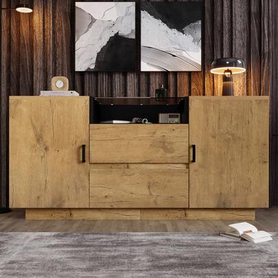 Oak-Effect Chest Of Drawers/Sideboard With 2 Drawers + 2 Cupboards (Adjustable Height Inside) And Open Compartment - Tempered Safety Glass And Black Handles, H 70/W 140/D 40 Cm