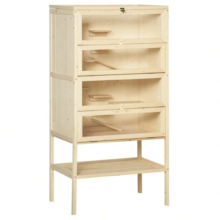 PawHut Wooden Hamster Cage, 5 Levels, Nagarium Rodent Cage, Small Animal Cage With Mesh Roof And Ramps, Wooden Mouse Cage, Large Hamster Cage, Dwarf Hamsters, 60 X 40 X 120 Cm, Natural Wood - 1 - View 1