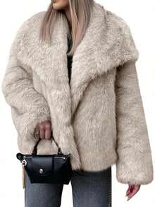 Women's Faux Fur Coat Winter Warm Oversized Lapel Shaggy Fuzzy Casual Jacket Outerwear - Màu Khaki - Xem 2