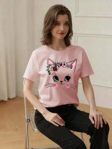 Tween Girls Casual Graphic Print Crew Neck Short Sleeve T-Shirt, Summer Tops