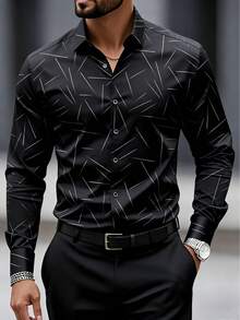 Modern Stylish Line Print Long Sleeve Men's Shirt, Fall - Black - View 1