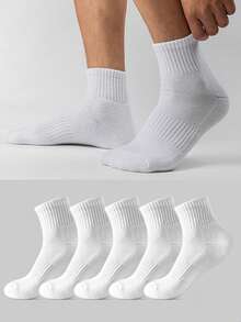 5 Pairs Men's Pure White Crew Socks, Summer Sports