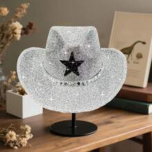 Adults Glitter Western Cowgirl Hats With Rhinestones Fashionable Wide Brim Fedora Caps For Outdoor Vacation - Bạc - Xem 4