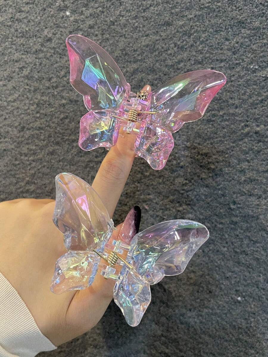 2个/1个女士白色和粉色水晶蝴蝶发夹,时尚简约渐变发饰,适合日常佩戴、洗脸、化妆、搭配服装,爪夹,发爪,发夹,发饰,时尚发夹,夏季穿搭 - 彩色 - 查看 1