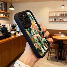 Cubierta de telefono con borde negro diseño de personaje sentado en paisaje colorido estampado vibrante para uso diario en cafeterias y espacios urbanos Aplicable a los teléfonos de la serie Apple y Galaxy - Burdeos - Ver 6
