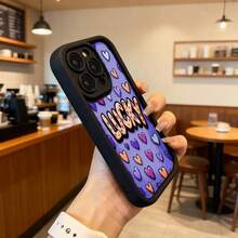 Cubierta de telefono con borde negro y diseño colorido para iPhone 14 Pro Max en tono morado con corazones multicolores y texto LUCKY ideal para uso diario y estilos juveniles Aplicable a los teléfonos de la serie Apple y Galaxy - Café integral - Ver 6
