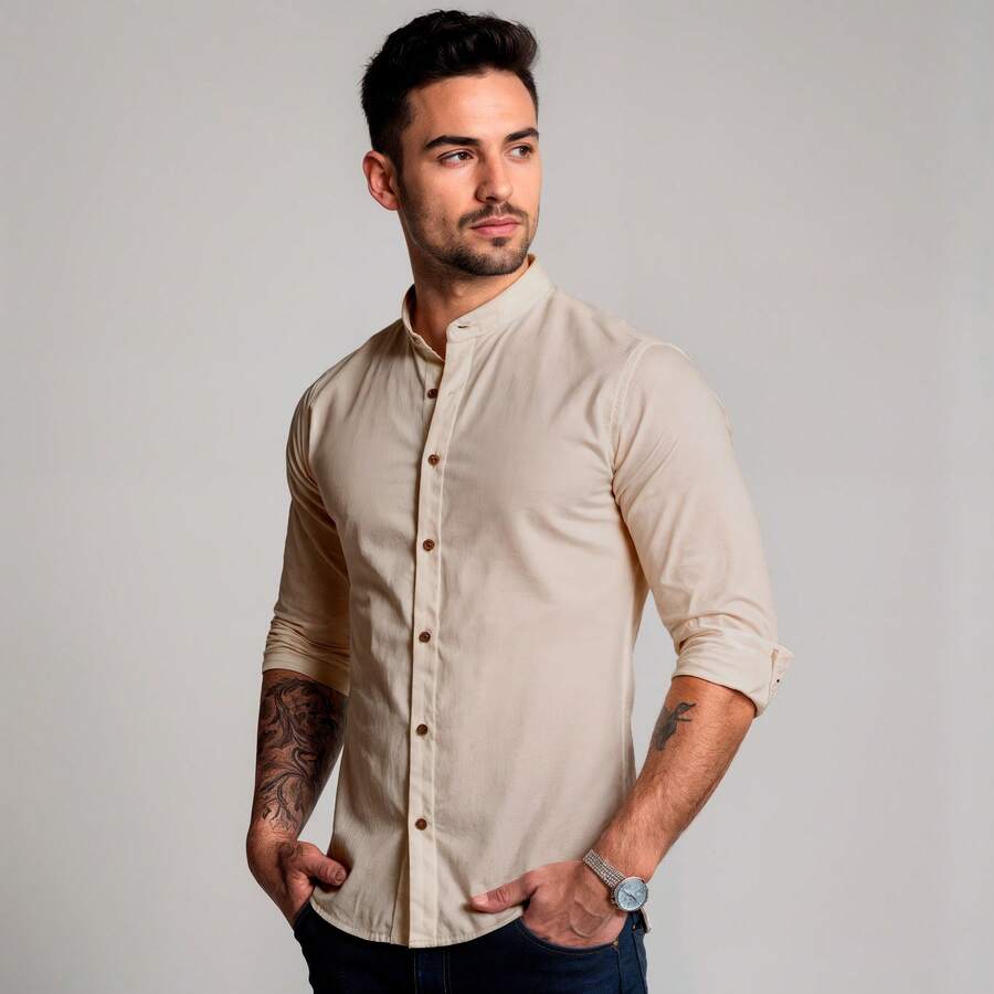 Men's White Linen Long-Sleeved Mandarin Collar Shirt - Lanh - Xem 1