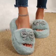 Women's Elegant Rhinestone Bow Slippers Cozy Fur Slides For Indoor And Relaxation Wear - Màu xanh lam - Xem 4
