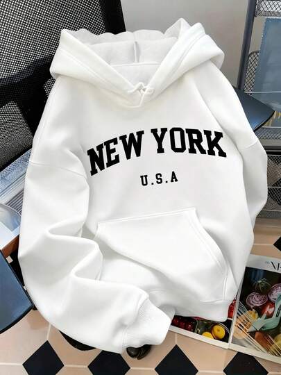 Una sudadera con capucha de manga larga de 260g de poliéster 100%, sudadera con capucha de patrón de Nueva York, EE. UU., para mujeres - Sudadera casual de manga larga con letras icónicas de Nueva York, ajuste para todas las estaciones para atuendo casual y recuerdo de viaje (lavable a máquina)