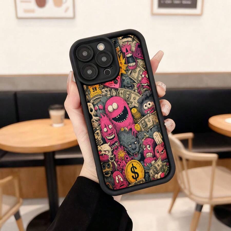 Cubierta de teléfono con borde negro diseño divertido y colorido con personajes monstruosos y billetes de dinero para uso diario en cafeterías y salas de estar Aplicable a los teléfonos de la serie Apple y Galaxy - Blanco - Ver 1