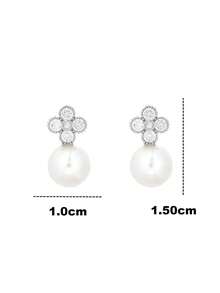 一对优雅女士925纯银珍珠四叶草耳钉，镶嵌微镶立方氧化锆，精致珠宝，适合情人节派对 - 珍珠白鋯四葉草耳環 - 查看 5