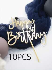 1pc/5pcs/10pcs Gold Happy Birthday Cake Topper - Gold Glitter Sign, Suitable For Anniversary Theme Party Cake Decorations - A - View 9