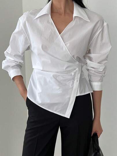 Women's Autumn Casual Fashion Woven Solid Color Top Shirt