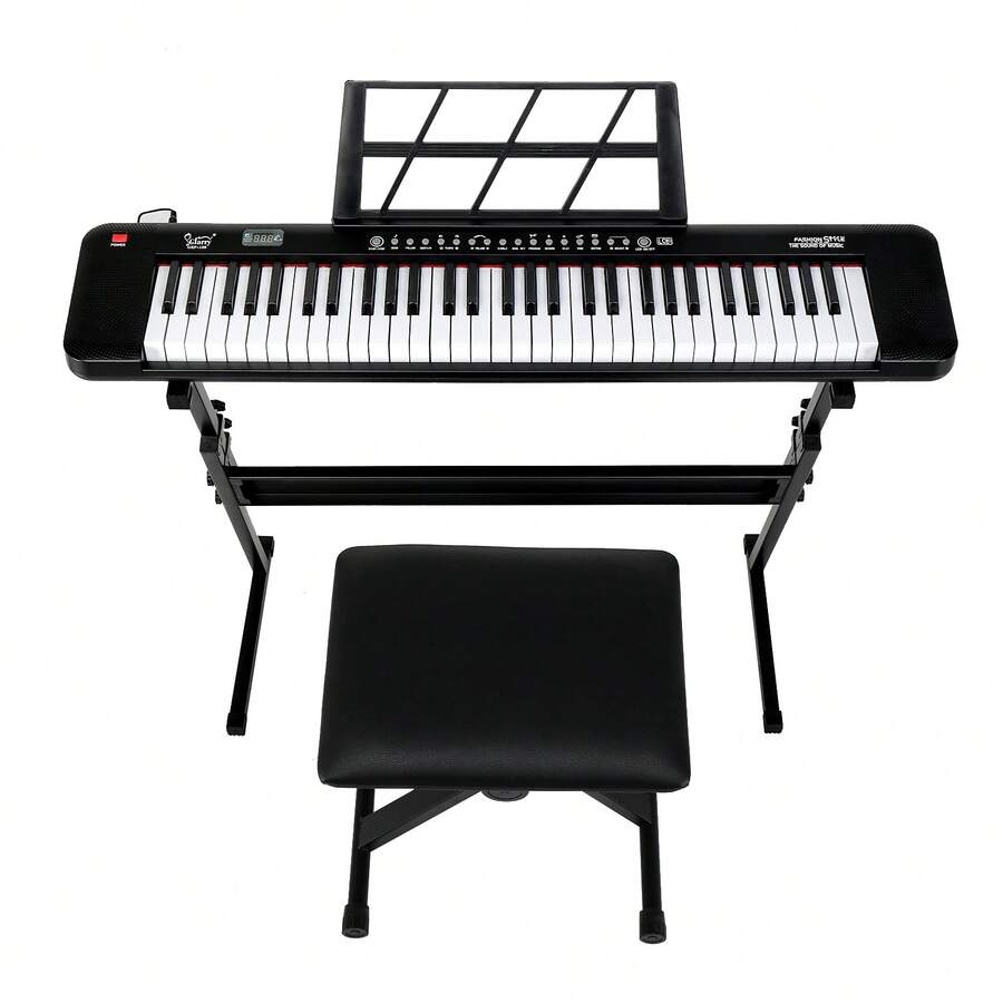 GEP-109 61 Key Lighting Keyboard With Piano Stand, Piano Bench, Built In Speakers, Headphone, Microphone, Music Rest, Screen, 3 Teaching Modes For Beginners - màu đen - Xem 1