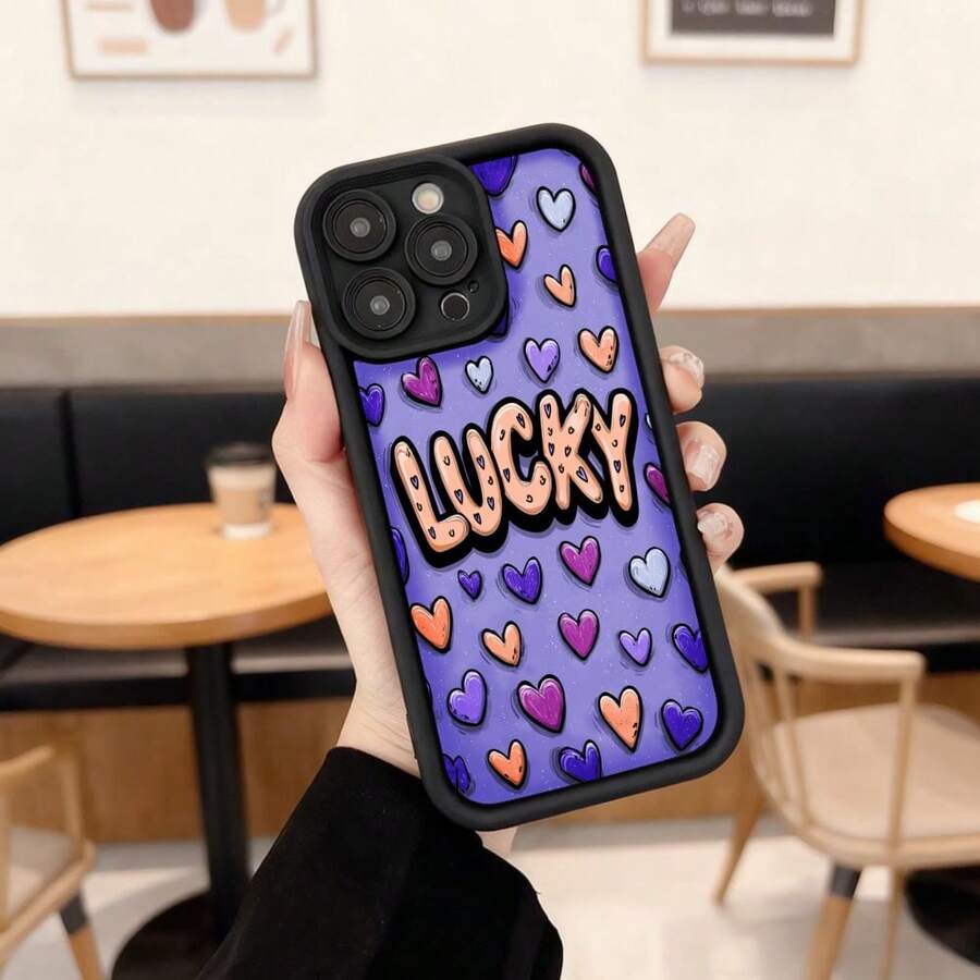 Cubierta de telefono con borde negro y diseño colorido para iPhone 14 Pro Max en tono morado con corazones multicolores y texto LUCKY ideal para uso diario y estilos juveniles Aplicable a los teléfonos de la serie Apple y Galaxy - Café integral - Ver 1