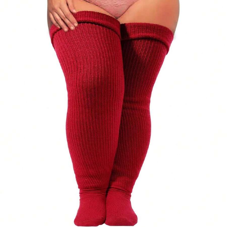 Plus Size Thigh High Socks For Thick Thighs Women- Thigh Highs Widened Extra Long Thick Knit Socks,28431946 - 酒紅色 - 查看 1