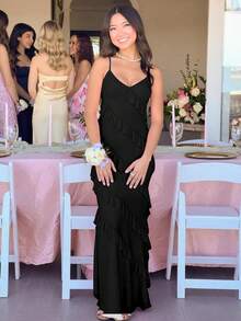Women's Backless Bodycon Spaghetti Strap Elegant Ruffle Maxi Cocktail Party Dresses, 2025 QMO3 - 白色 - 查看 7