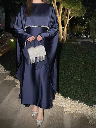 Satin Cape Elegant Dress , Occasion Abaya , Modest Dress With Pearl And Crystal