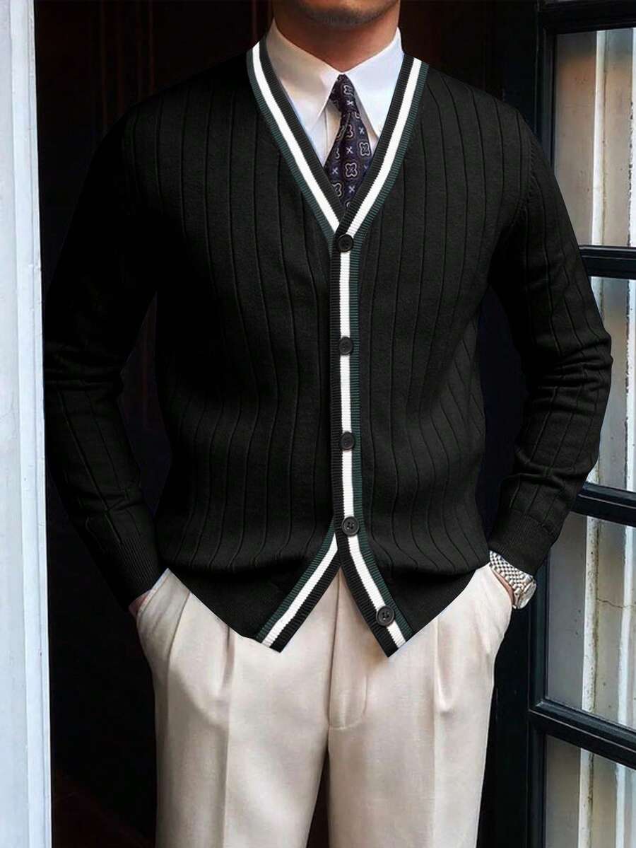 男士复古硬币图案开衫外套,适合秋冬季节穿着,可搭配西装和衬衫 - 黑色 - 查看 1