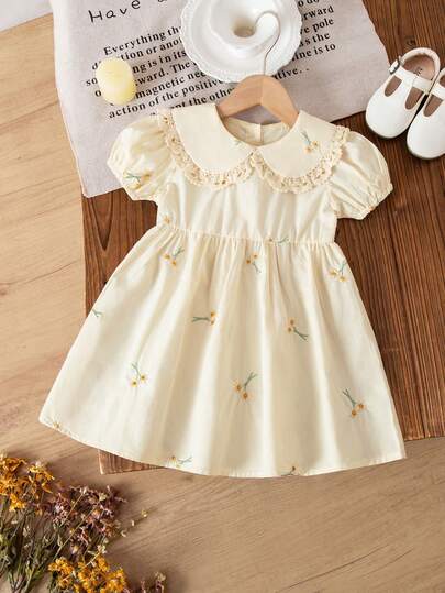 1pc Girls Embroidered Short Sleeve Dress, Casual & Elegant Ruffle Collar Dress For Toddler & Little Girls, Summer