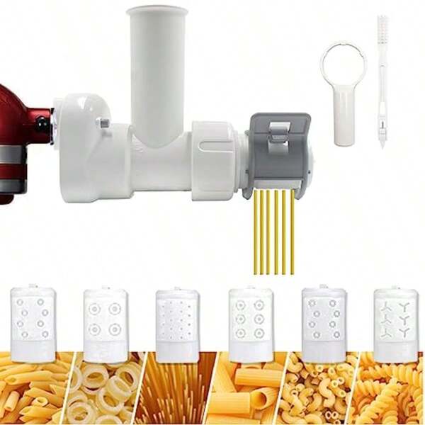 Pasta Maker Attachment For Kitchen Aid Stand Mixers With 6 Interchangeable Different Shapes Of Pasta Outlet And Cleaning Brush Durable Pasta Press Attachments White