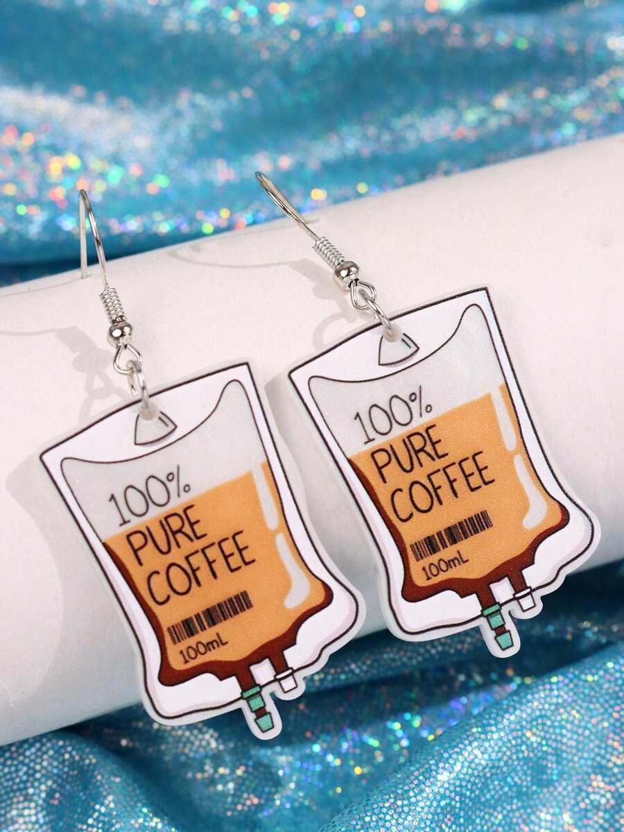 1 par de pendientes colgantes de acrílico con diseño único, creativo, divertido, de dibujos animados, lindo y con eslogan de bolsa de café, adecuados para uso diario, trabajo, festivales y fiestas - Multicolor - Ver 1