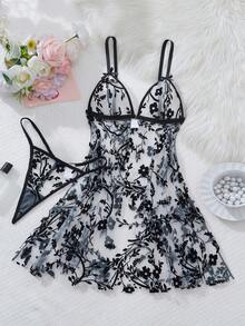 Bộ 2 món/Bộ đồ ngủ hở lưng phối lưới họa tiết hoa gợi cảm dành cho nữ, Bộ đồ lót phù hợp cho các buổi hẹn hò, ngày lễ, tiệc tùng - màu đen - Xem 4