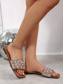 Sandalias planas con decoración de perlas doradas para mujer de talla grande, 5 tallas con diseño de perlas degradadas, zapatillas de verano ligeras, de moda y antideslizantes (Talla 35-43) - Marrón - Ver 4