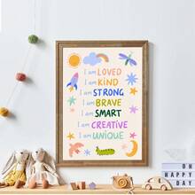 1 tranh vải canvas treo tường kèm khung, dành cho phòng trẻ em, với những câu khẳng định tích cực. Hình minh họa sống động, câu nói "Tôi là...". Thông điệp truyền cảm hứng. Thích hợp trang trí phòng trẻ em, phòng em bé, phòng chăm sóc trẻ em, trường mẫu giáo, phòng bé trai/bé gái, phòng vui chơi. Chống thấm nước. Quà tặng trang trí tiệc. - Nhiều màu - Xem 5