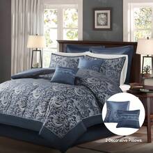 Elegant 8/24 Pieces Bed In A Bag Bedding Comforter Set,Faux Silk Comforter Jacquard Paisley Design Matching Curtains (8 Pieces Exclude Windows Panels),All-Season Essentials Home Textile For Queen-King-California King Size,Christmas Thanks Giving Gift - Navy-8 Pieces - 查看 7