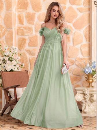 Rochie de domnișoară de onoare verde salvie, cu imprimeu floral și bretele spaghete, fără spate, elegantă și strălucitoare, potrivită pentru invitații la nuntă