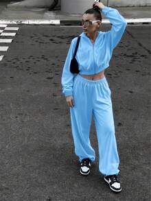 女士时尚纯色天鹅绒休闲运动服套装，包括连帽拉链短款上衣和抽绳阔腿裤 - 藍色 - 查看 3