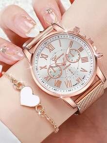 4pcs/Set Couple's Fashion Roman Numeral Dial Plastic Band Quartz Watch Set For Women