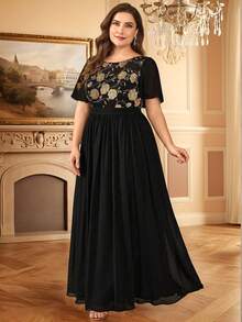 EVERPRETTY Đầm dạ hội màu đen sang trọng cỡ lớn với họa tiết hoa vàng và sequin, chất liệu chiffon tương phản, hoàn hảo cho mùa thu đông, tiệc cưới, mùa xuân. - màu đen - Xem 11