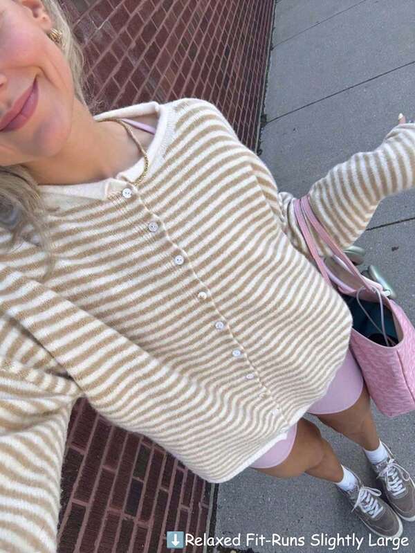 Vivid Style Autumn/Winter New Women's Fashion Street Loose Striped Knit Cardigan Sweater Jacket, Street Style, Airport, Christmas, Christmas Sweater, New Year