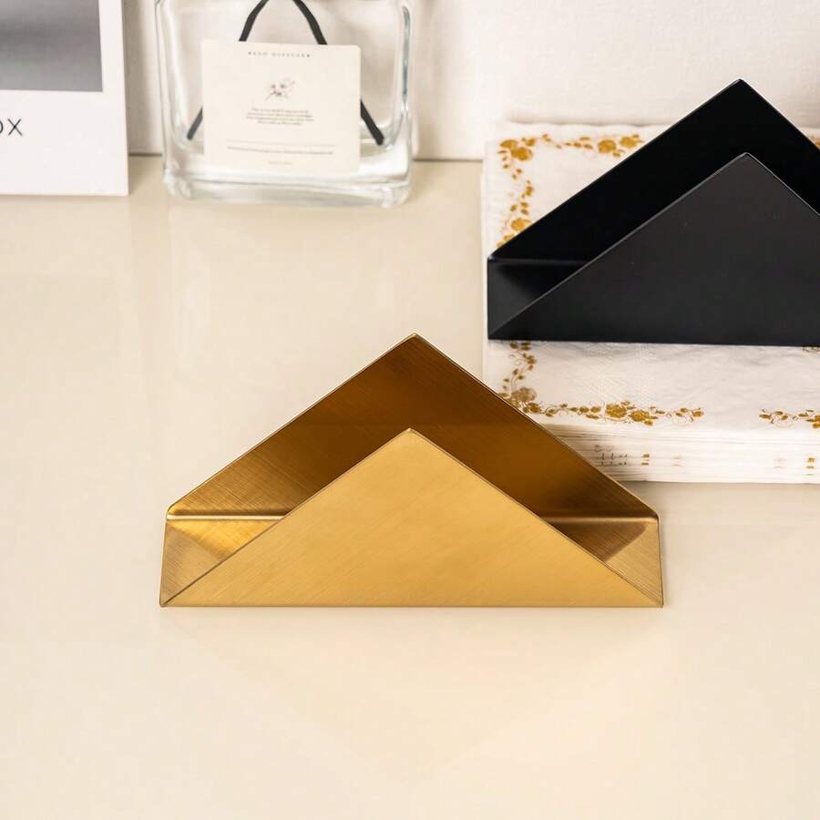 1pc Elegant Stainless Steel Triangular Napkin Holder, Available In Gold, Black And Silver Colors, Minimalist Triangular Dining Table Decor Tissue Paper Holder, Kitchen Paper Towel Organizer, Holiday Decoration Napkin Holder - Multicolor - View 1