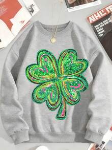 St Patrick's Day Shamrock Sweatshirt Men's Green Glitter Four Leaf Clover Crewneck Pullover Casual Holiday Apparel For St Patrick's Day Celebration - 灰色 - 查看 2