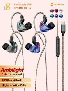 D8 USB-C 有线耳机，带麦克风、控制按钮和耳挂式设计，运动跑步入耳式耳机，兼容 17/16/15/15 Plus/15 Pro/15 Pro Max、iPad Pro/Air/Mini、Galaxy S24/S23/S22+/S21 Ultra/S20 FE/Note 10/Note 20 和 Pixel 手机。