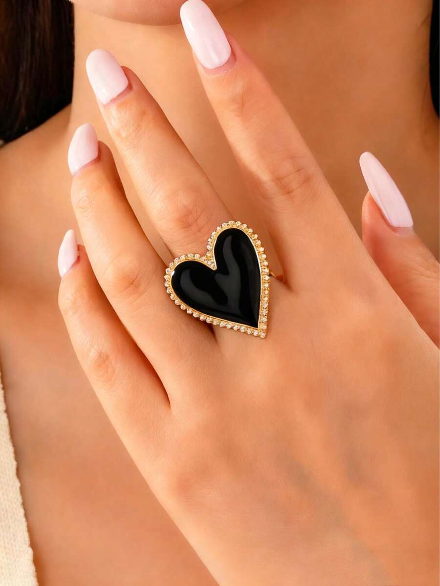 1 pieza Anillo con forma de corazón exagerada, adecuado para uso diario - Negro - Ver 1