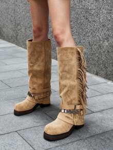 Fashionable Knee High Boots For Women Fringe Fold Over Riding Boots Gothic Square Toe Moto Buckle Boots Comfortable Platform Dress Party Shopping Outdoor Festival Biker Boots Women - màu nâu - Xem 2