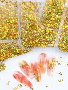 7 Packs X 2g Laser Yellow Glitter Set, Holographic Round, Heart, Pentagram Thin Flakes Nail Art Decorations, DIY Nail Sticker Design - Gold - View 6