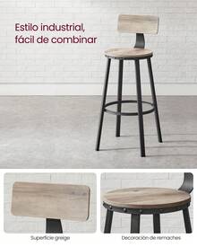 VASAGLE Taburete Alto Juego de 2 Taburetes Altos de Cocina con Respaldo Estructura de Acero Asiento de 73 cm de Altura Fácil Montaje Estilo Industrial Greige y Negro - Beis - Ver 9