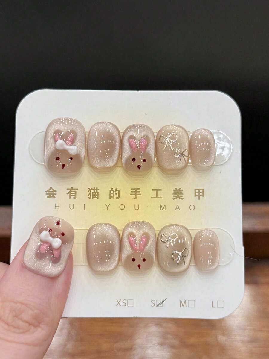 Bộ 10 móng tay giả hình thỏ, mắt mèo, vẽ tay, thiết kế nơ độc đáo, mềm mại, ngọt ngào, dễ thương và thủ công. - Nhiều màu - Xem 1