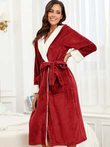 1 pieza Bata con capucha de franela gruesa de unicolor simple para mujer, cálida para uso en el hogar en otoño/invierno - Rojo - Ver 5