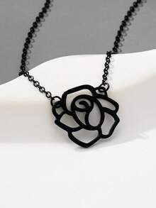 1pc Elegant Minimalist Black Rose Flower Pendant Necklace, Romantic French Style Suitable For Women's Daily, Party, Or Gift - Black - View 1