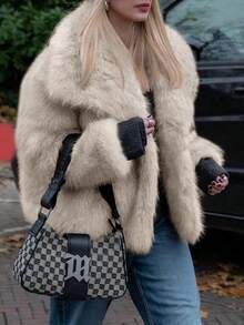 Women's Faux Fur Coat Winter Warm Oversized Lapel Shaggy Fuzzy Casual Jacket Outerwear - Màu Khaki - Xem 4