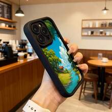 Cubierta de teléfono con borde negro diseño paisaje natural con río y casa entre árboles para uso diario en cafeterías y exteriores Aplicable a los teléfonos de la serie Apple y Galaxy - Blanco - Ver 6