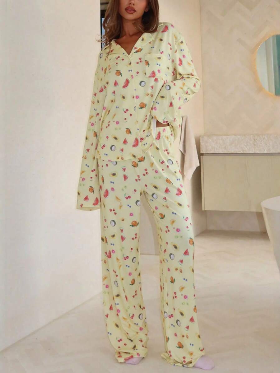 Women Y2K 2 Pieces Pajamas Set Fruit Print Long Sleeve Lapel Button Down Shirt Top With Wide Leg Pants Pants Spring Fall Cute Pjs Sleepwear Loungewear Suit - Màu vàng - Xem 1